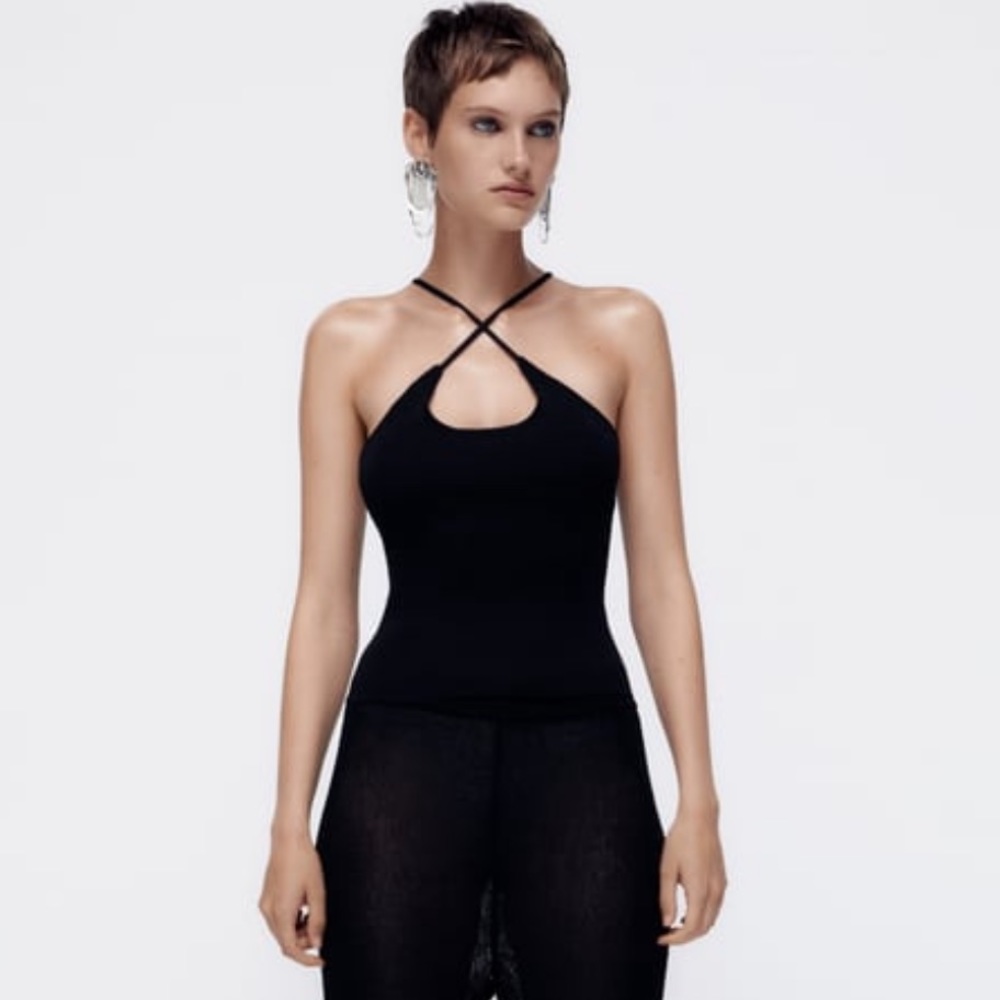 Zara Ribbed Knit Black Keyhole Cami Top